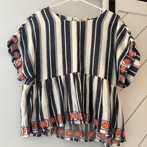 Maeve Striped Navy and White Women's Top with Embroidered Accents